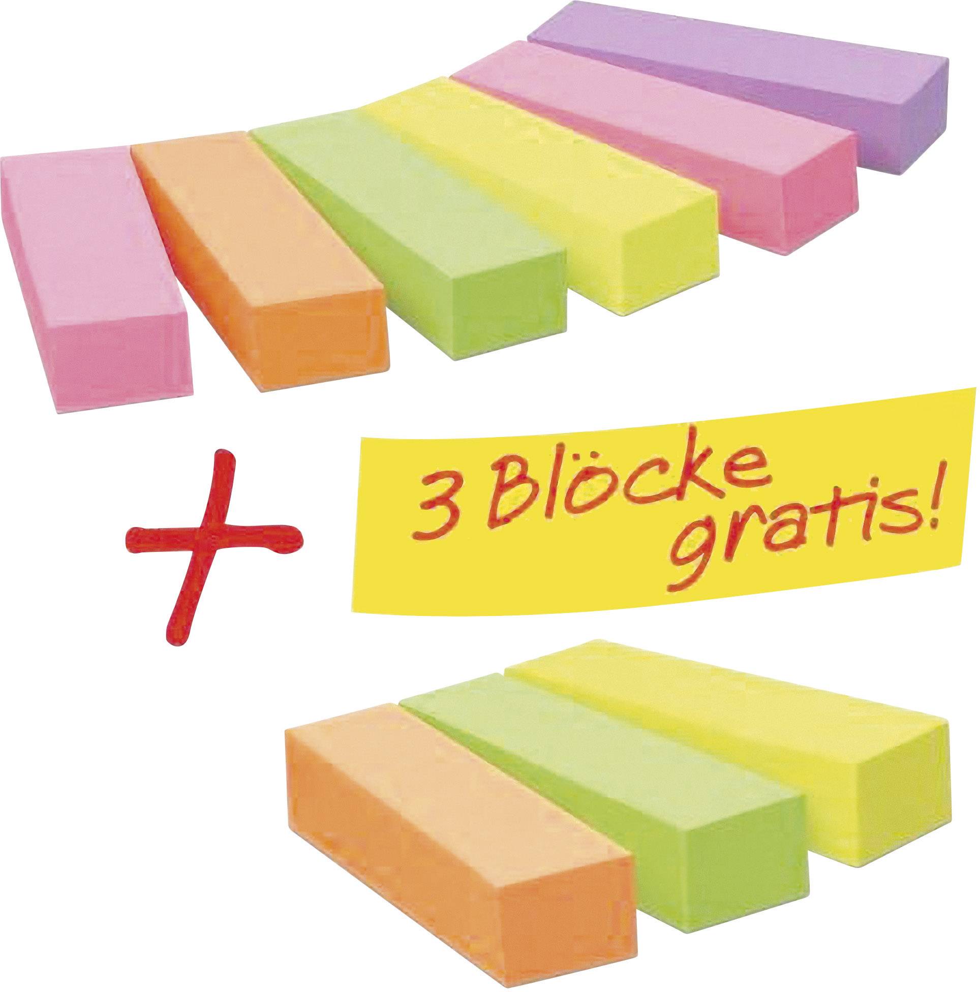 Bunte Schreibblöcke, rosa, orange, grün, gelb, mit Text '3 Blöcke gratis!' in Gelb und Rot.