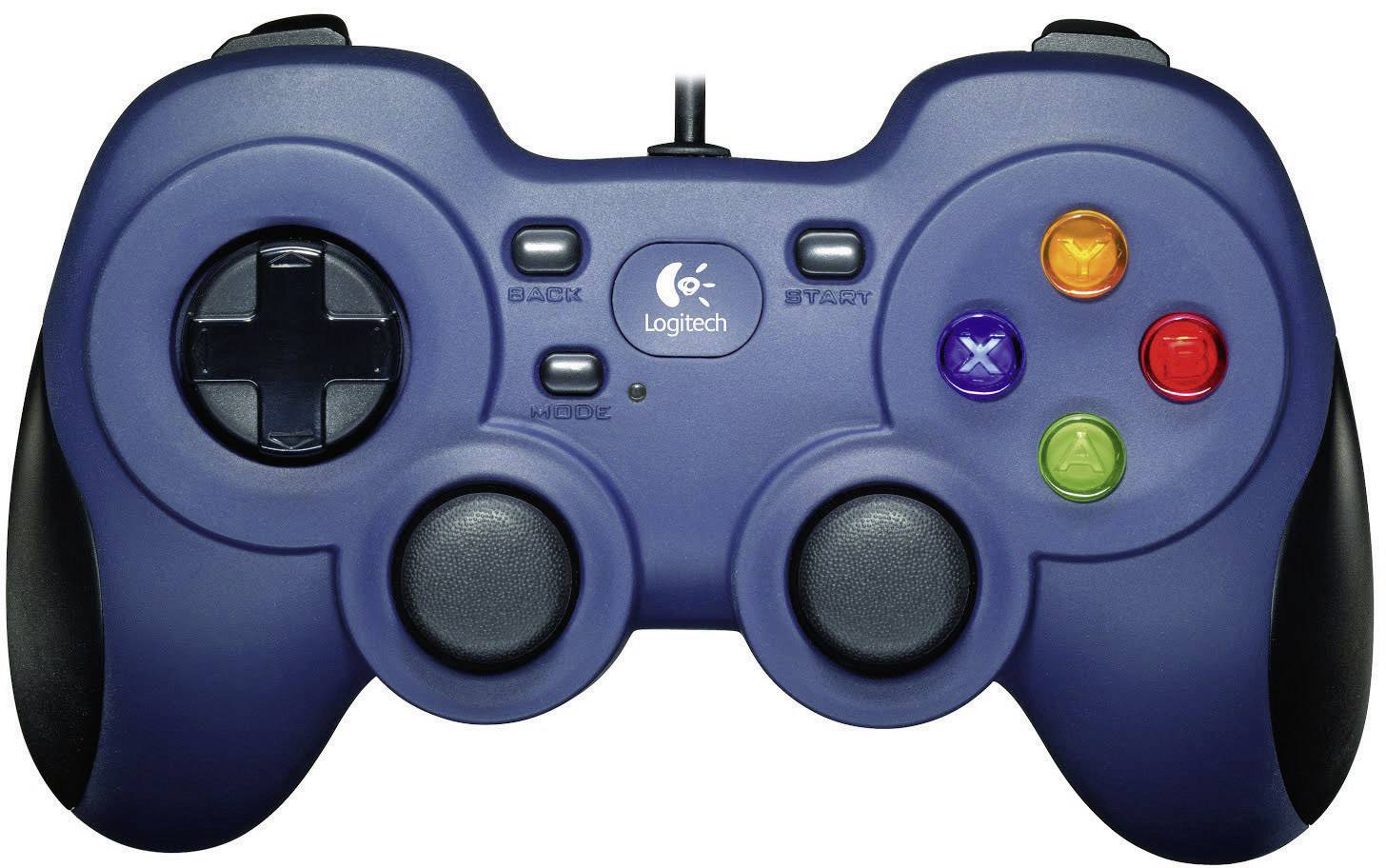 Ein blauer Game-Controller mit zwei Joysticks, einem Steuerkreuz und farbigen Tasten. Markenzeichen von Logitech in der Mitte.