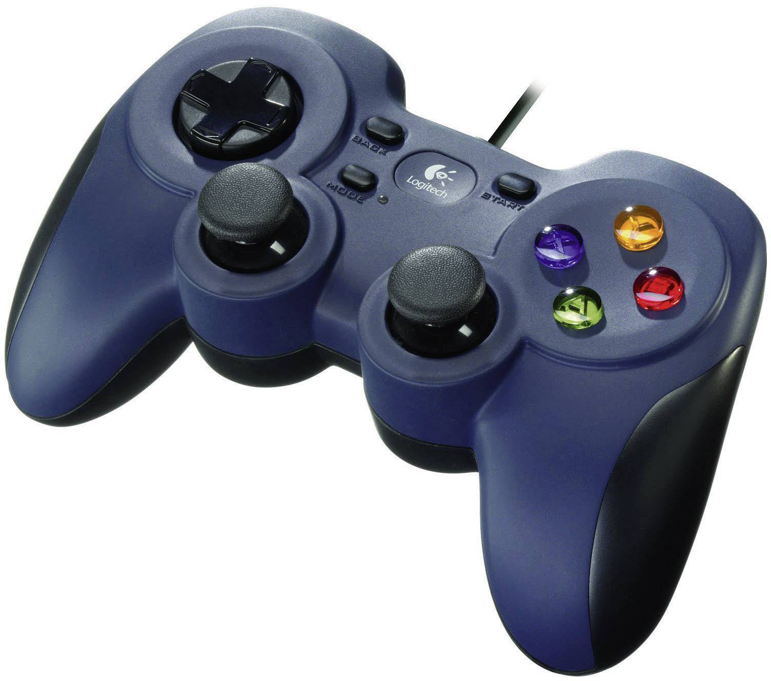 Ein blauer Spielcontroller mit zwei Joysticks, einem Steuerkreuz und vier farbigen Tasten. Kabelgebunden.