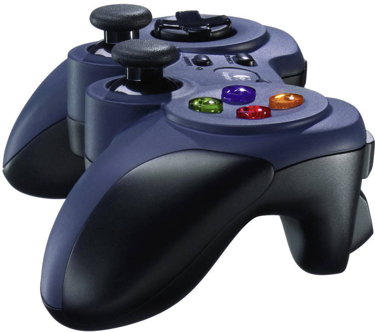 Ein dunkelblauer Gaming-Controller mit zwei Analog-Sticks, vier farbigen Tasten und einem Steuerkreuz, in Nahaufnahme.