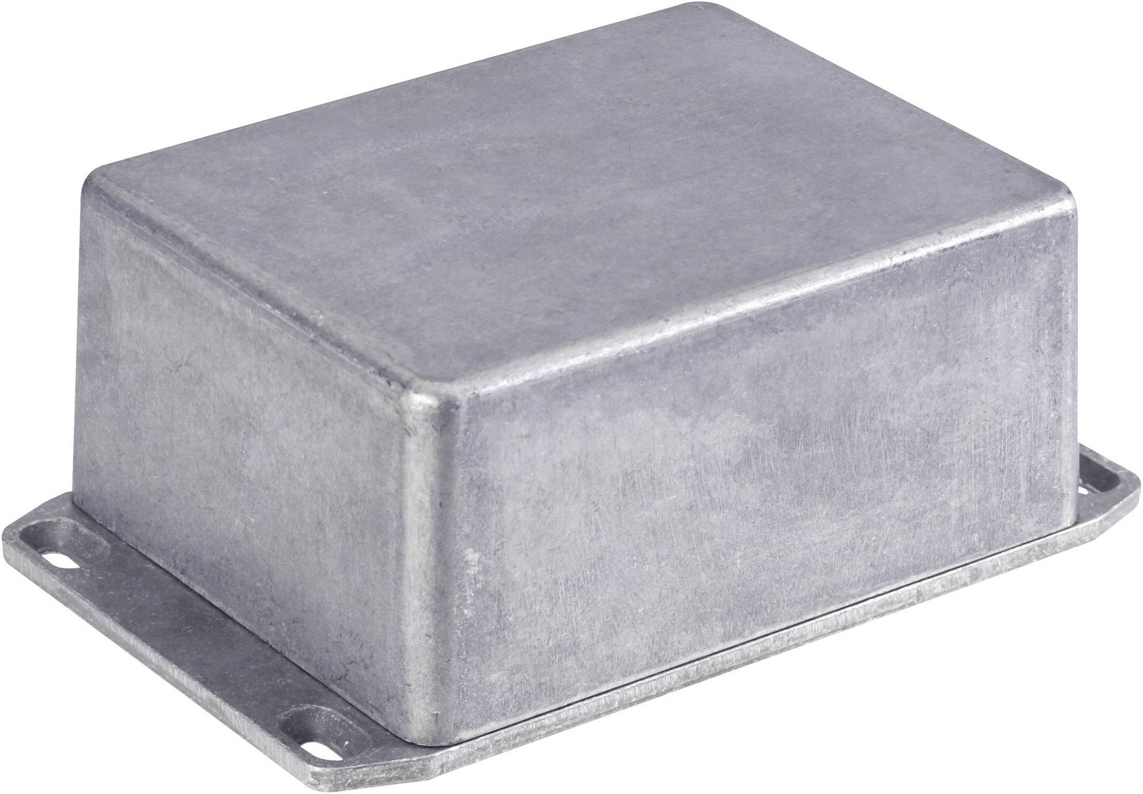 Rechteckige Metallbox mit abgerundeten Ecken und vier Befestigungslöchern an den Ecken der Basis.