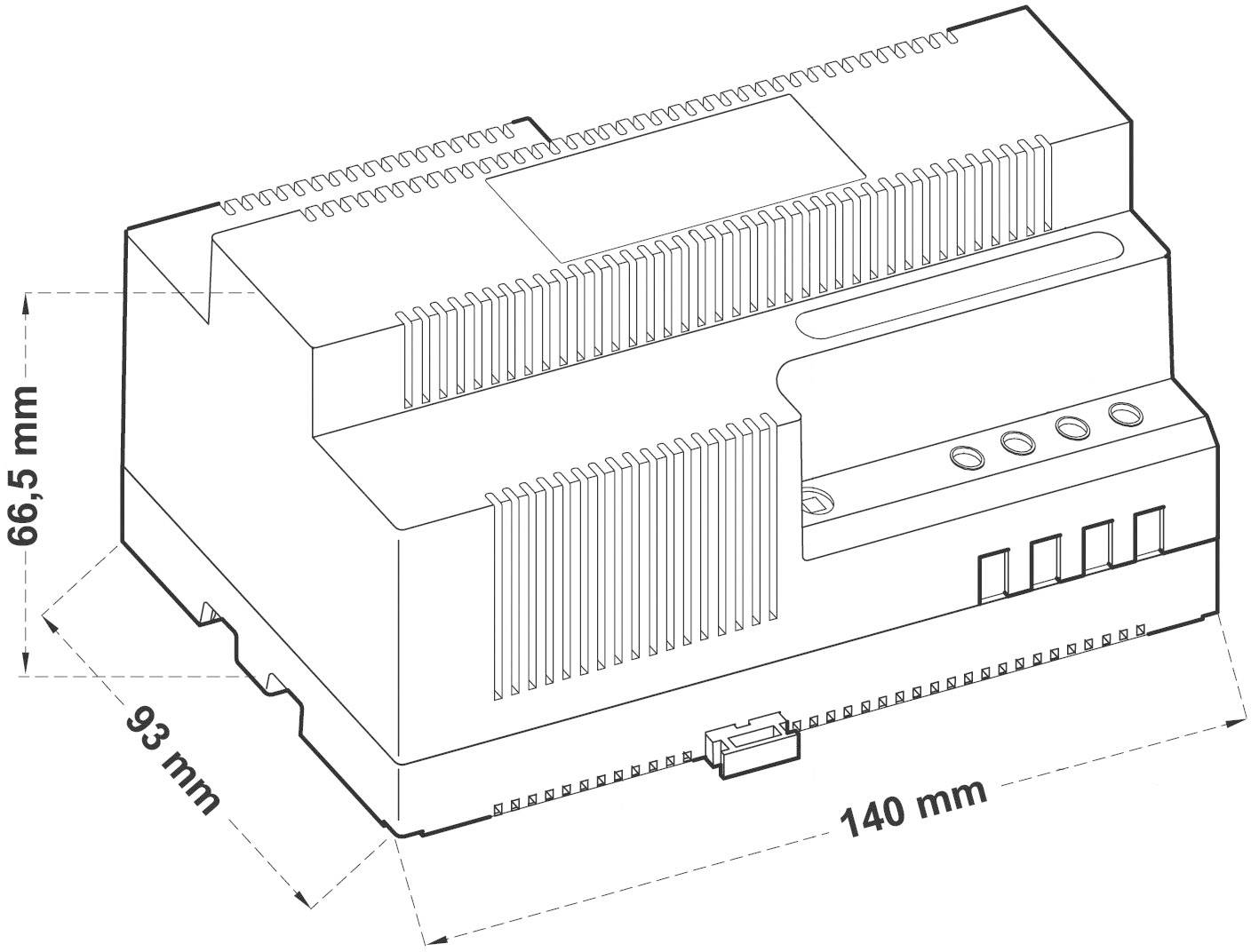 Schwarz-Weiß-Zeichnung eines modularen elektronischen Geräts. Maße: 66,5 mm hoch, 93 mm tief, 140 mm breit.
