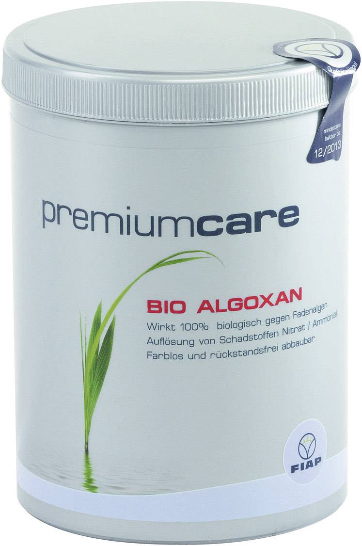 Die Abbildung zeigt eine Dose mit der Aufschrift 'premium care' und 'BIO ALGOXAN'. Es handelt sich um ein Produkt zur Algenbekämpfung.