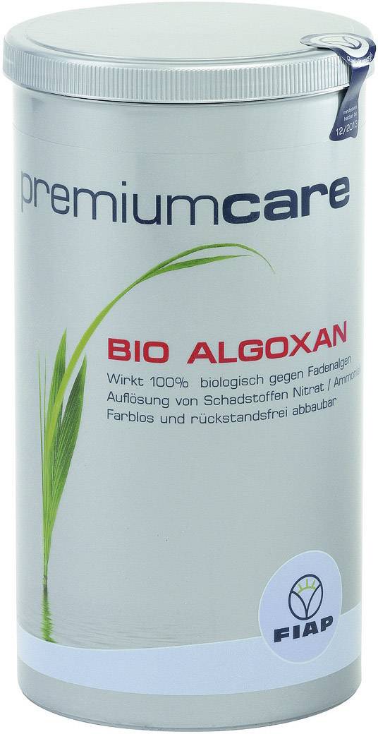 Dose mit der Aufschrift 'premiumcare BIO ALGOXAN'. Verspricht biologischen Abbau von Nitrat und Ammoniak. Marke FIAP.