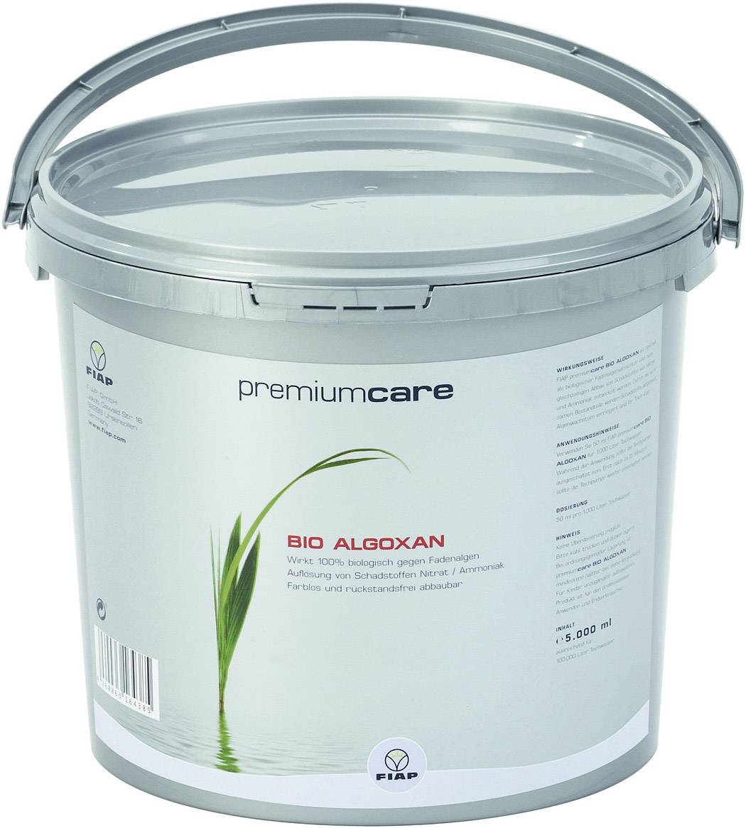 Ein grauer Eimer mit Henkel, darauf der Text 'premium care BIO ALGOXAN'. Das Etikett zeigt ein grünes Blatt auf weißem Hintergrund.