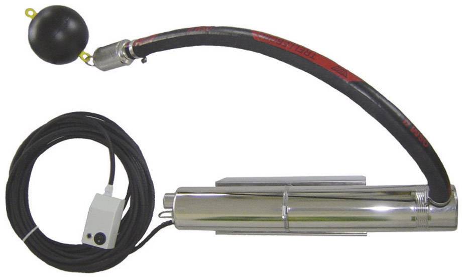 Ein elektrischer Schwimmerschalter mit schwarzem Schaltkabel, Metallgehäuse und schwarzem Schlauch.