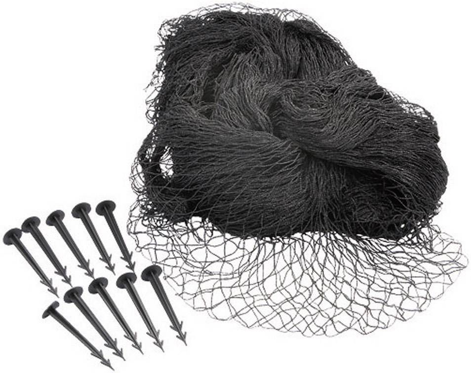 Schwarzes Netz mit zehn Befestigungsstiften zur Gartenanwendung, z.B. Schutz vor Vögeln.