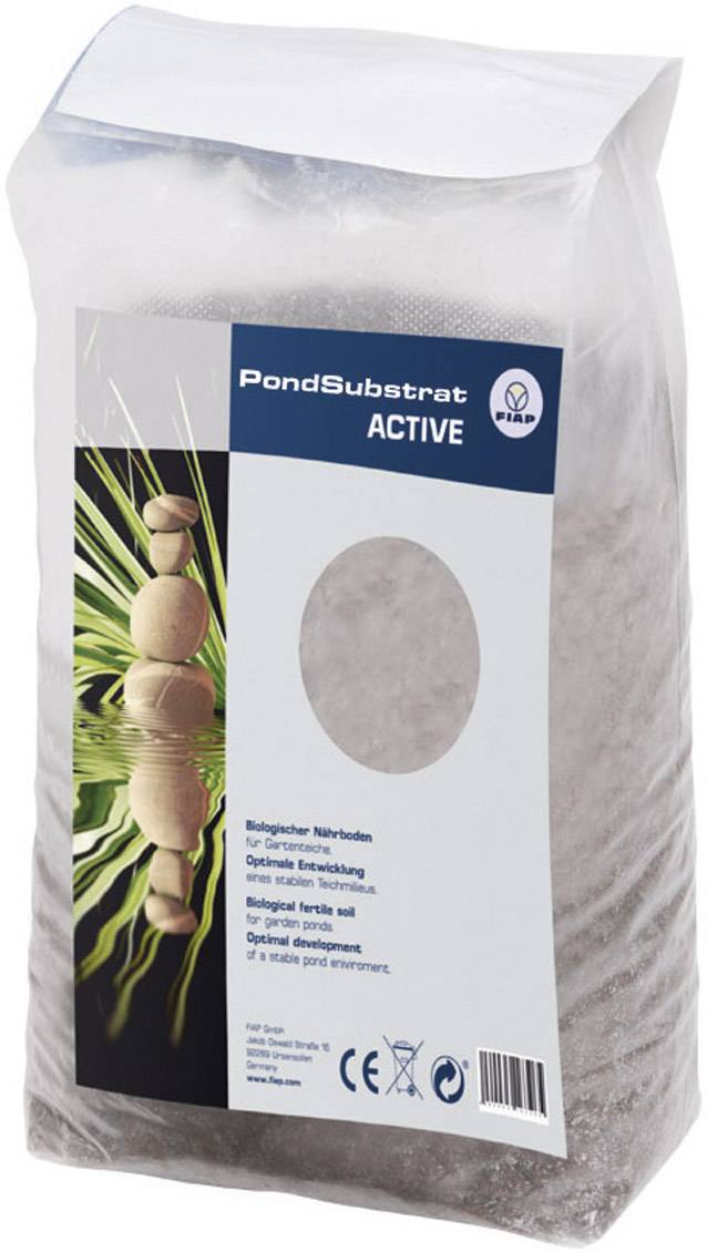 Beutel mit 'PondSubstrat ACTIVE', biologischer Nährboden für Gartenteiche. Schlichtes Design mit Steinturm und Wasserpflanze.