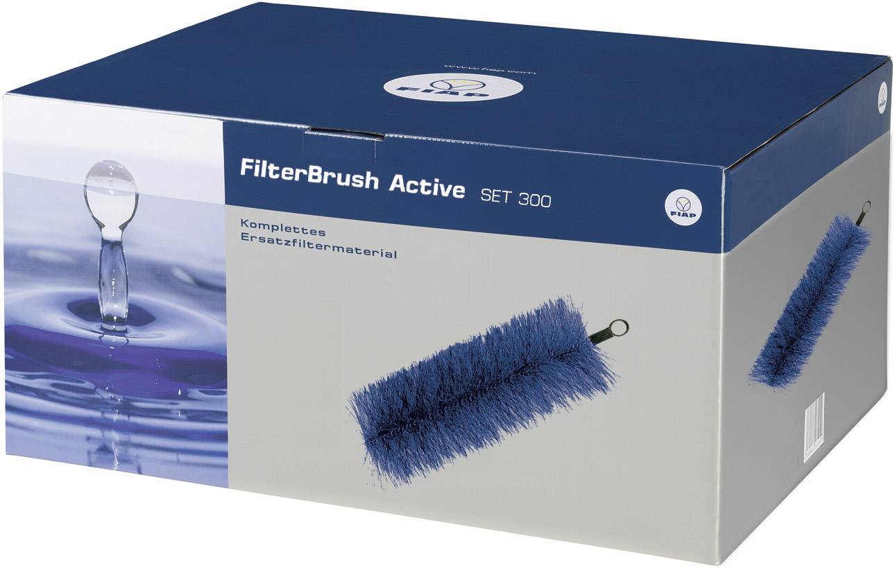 Blauer Karton mit der Aufschrift 'FilterBrush Active SET 300'. Bild einer blauen Filterbürste und eines Wassertropfens auf der Vorderseite.