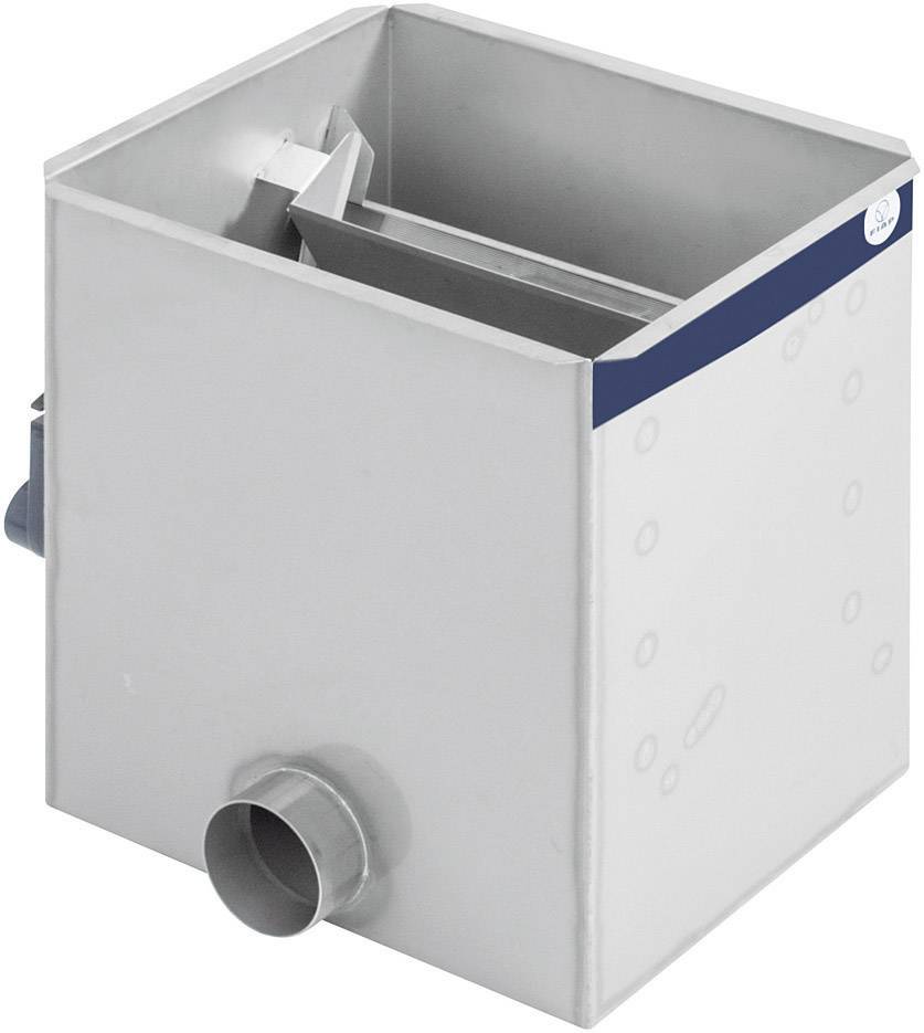 Ein rechteckiger Edelstahlbehälter mit einem Rohranschluss an der Seite. Der Behälter hat leicht geschichtete Wände und ist offen oben.