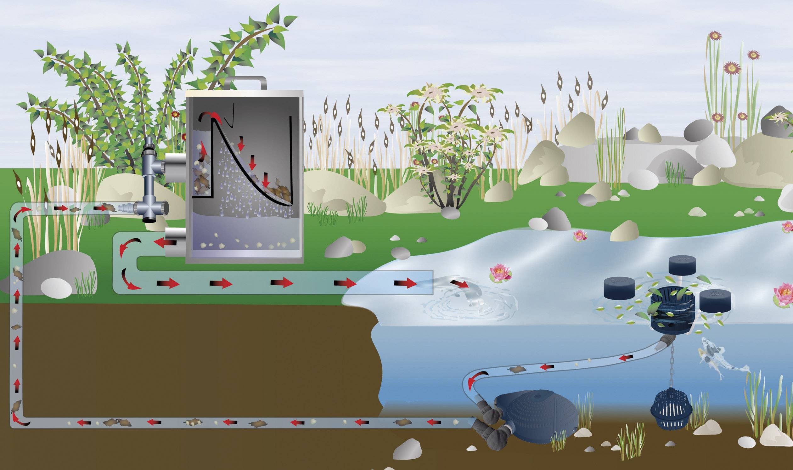 Diagramm eines Wasserfiltersystems: Wasser fließt durch Rohre in einen Filterbehälter, gereinigt in einen Teich; Kreislauf dargestellt.