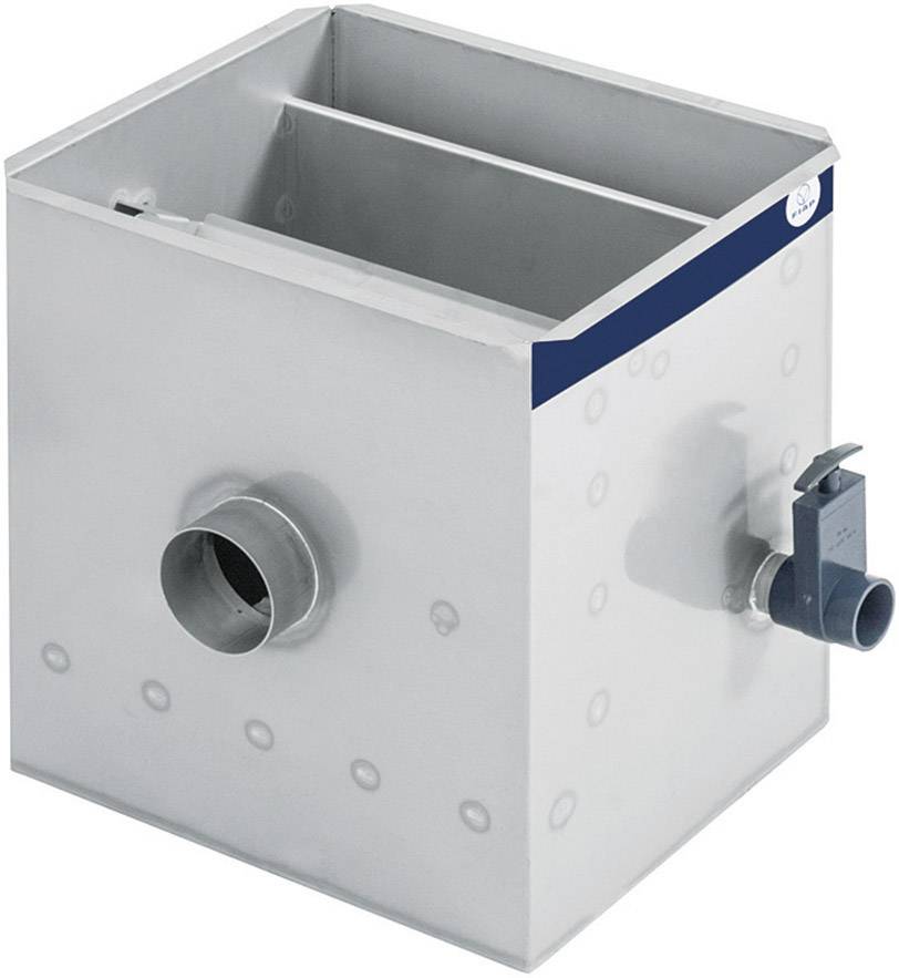 Ein quadratischer Abscheider aus Metall mit zwei Röhrenanschlüssen, einem größeren seitlich und einem kleineren vorne. Geeignet für Abwasserreinigung.