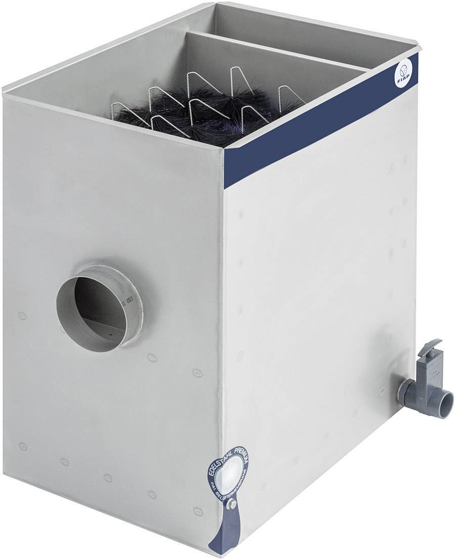 Ein rechteckiger Abscheider aus Metall mit seitlichem Abflussrohr und integriertem Filtersystem, geeignet für industrielle Anwendungen.