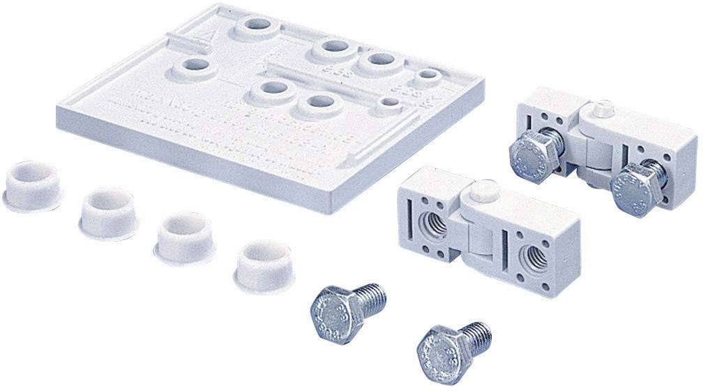 Ein Montage-Kit mit einer weißen Platte, zwei Halterungen, vier Schrauben und einigen Dichtungsringen, verwendet für technische Installationen.