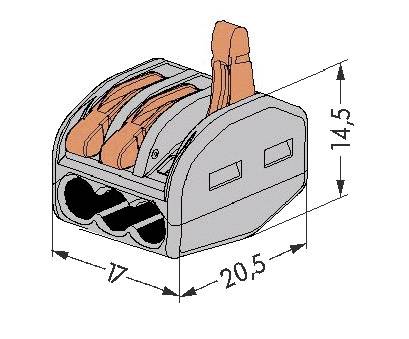 Elektrischer Steckverbinder mit zwei Anschlüssen. Maße: Breite 20,5 mm, Höhe 14,5 mm, Tiefe 17 mm. Gehäuse grau, Hebel orange.