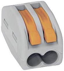 Graue elektrische Klemme mit zwei orangefarbenen Hebeln, verwendet zum sicheren Verbinden von Kabeln in elektrischen Installationen.