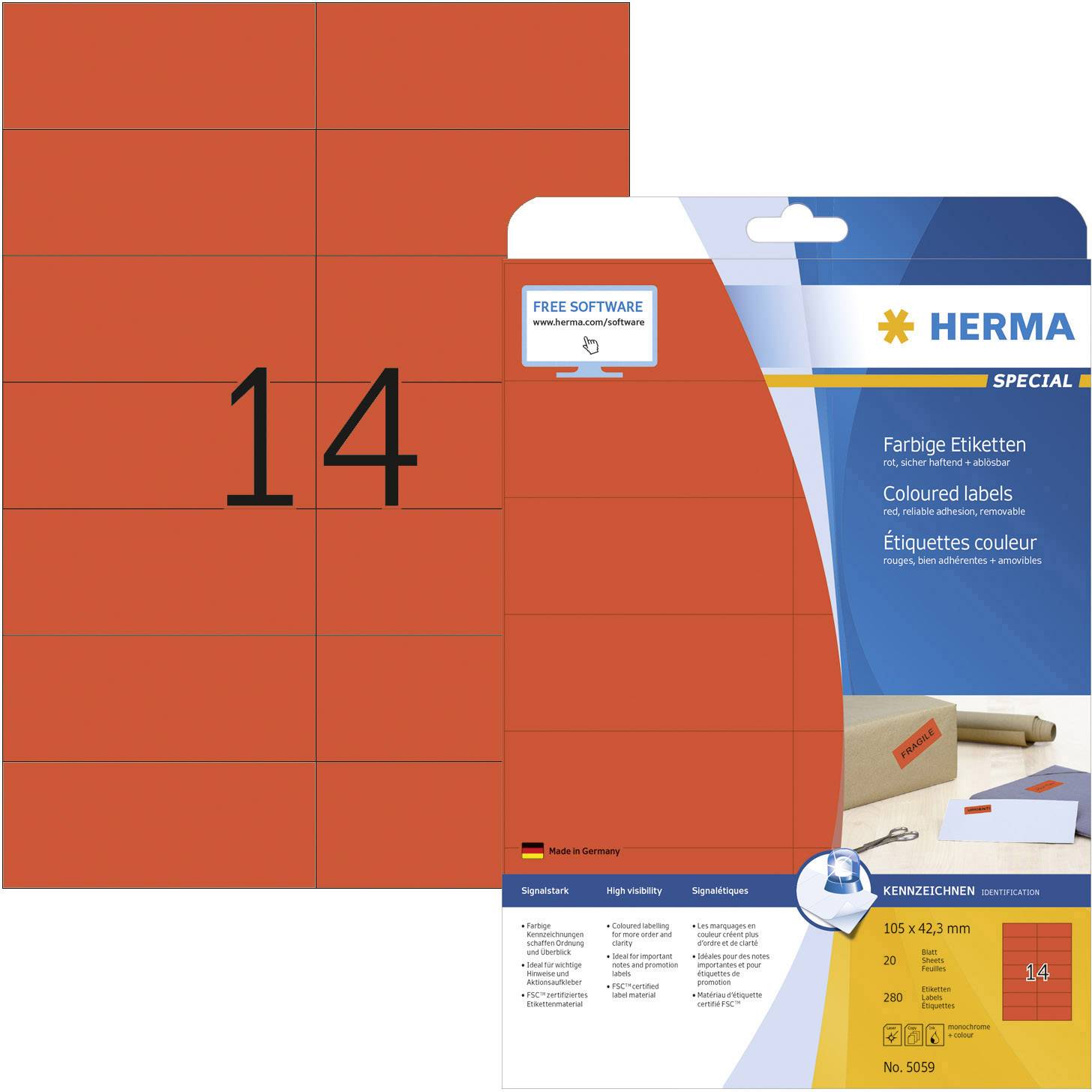 Rote Etiketten für Laserdrucker, 105 x 42,3 mm, 200 Stück, 14 pro Blatt. Ideal zum Kennzeichnen. Kostenlose Softwaredownload verfügbar.