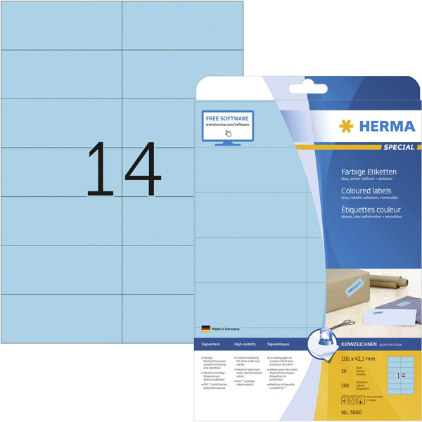 Herma 5060 Universal-Etiketten 105 x 42.3mm Papier Blau 280 St. Permanent haftend Tintenstrahldrucker, Laserdrucker