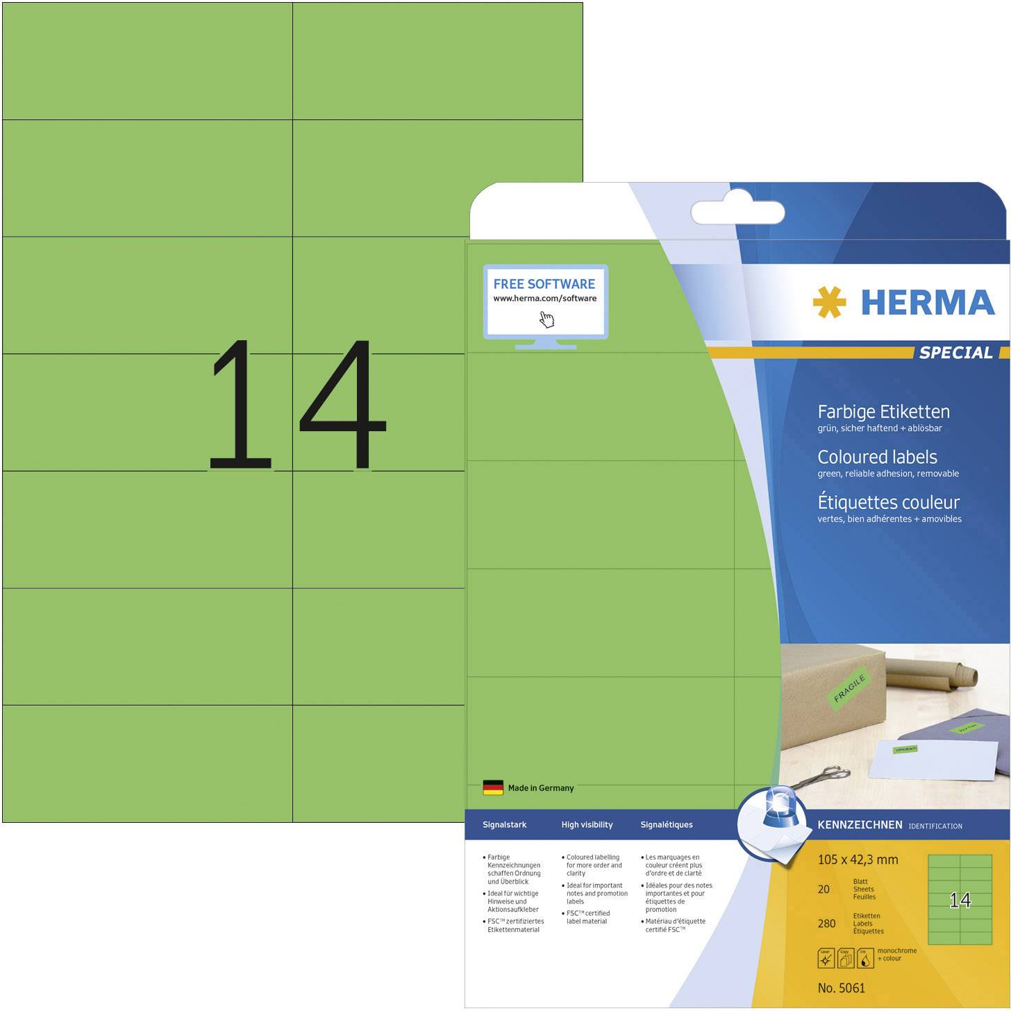 Grünes Etikettenblatt mit der Zahl 14, Verpackung zeigt 105 x 42,3 mm Etiketten und Text in mehreren Sprachen. Markenname: Herma.