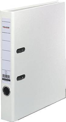 Weißer Aktenordner mit zwei Hebelmechaniken. Eine Etikettentasche am Rücken enthält 'Falken'-Logo. Geeignet zur Dokumentenablage.