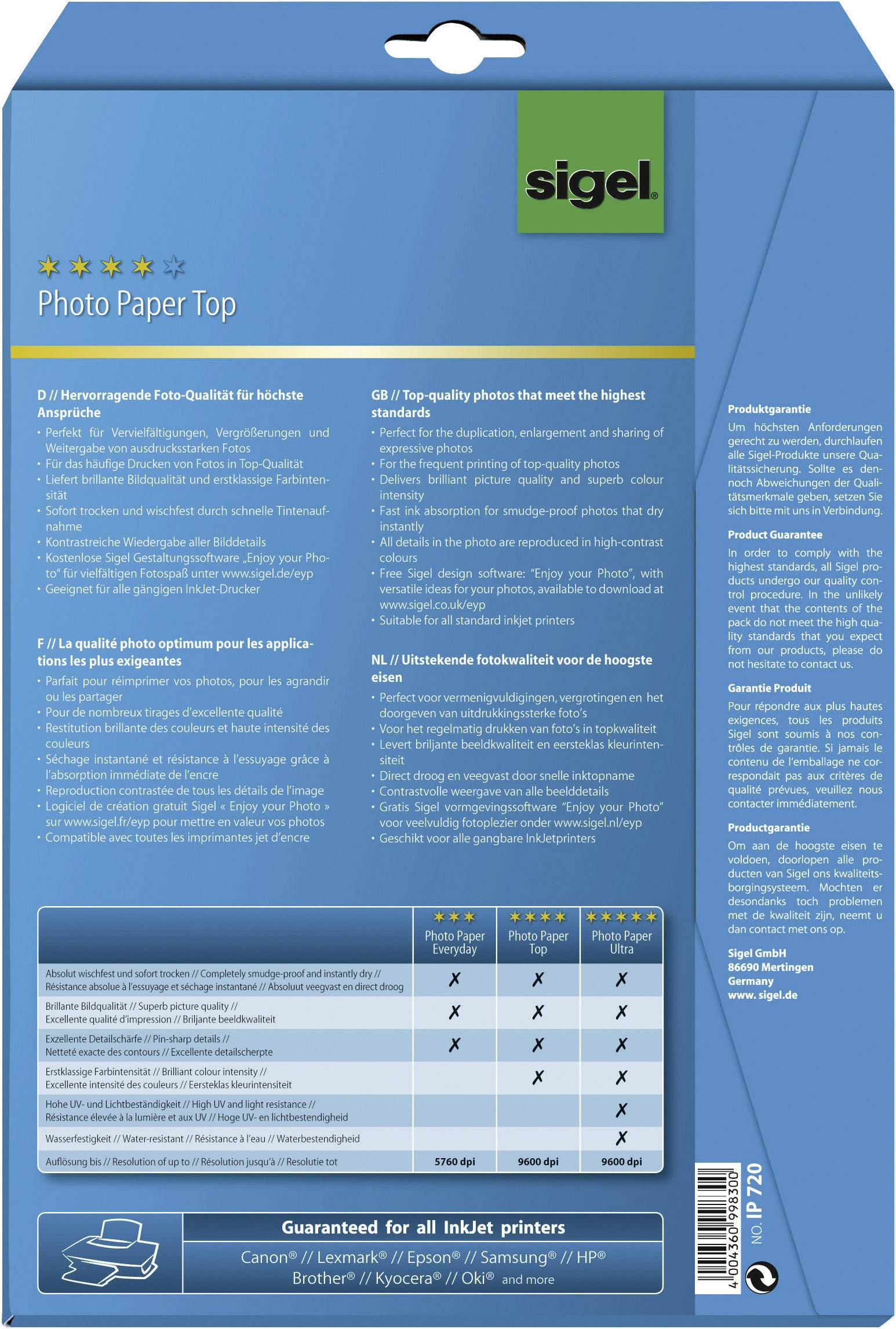 Sigel Photo Paper Top IP720 Fotopapier DIN A4 190 g/m² 20 Blatt Hochglänzend, Beide Seiten bedruckbar