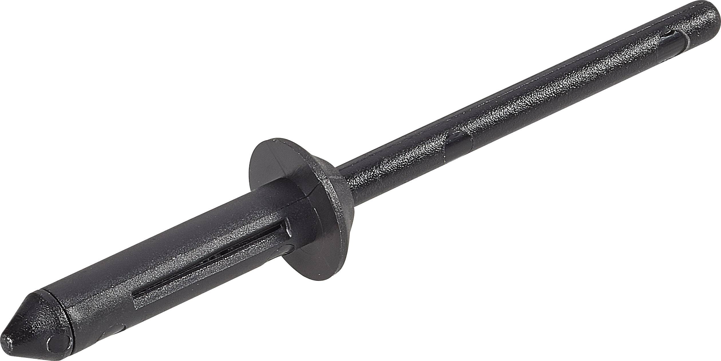 Schwarzer Dübel aus Kunststoff mit einem langen Schaft und flachem Kopf. Verwendet für die Befestigung von Materialien an Wänden.