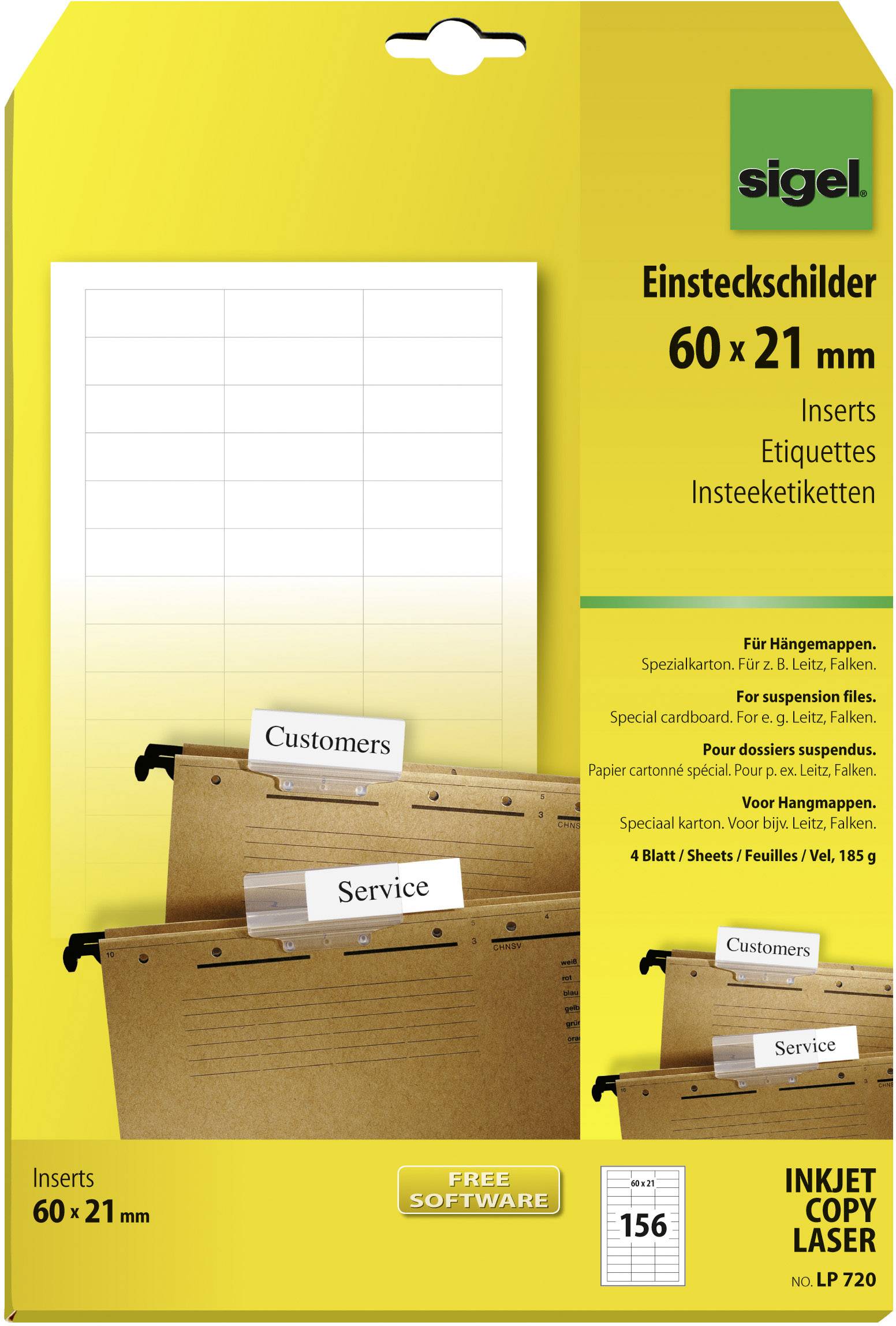 Verpackung von Sigel Einsteckschildern, 60 x 21 mm, mit Abbildung von Hängeordnern und Etiketten für Bürosortierung.