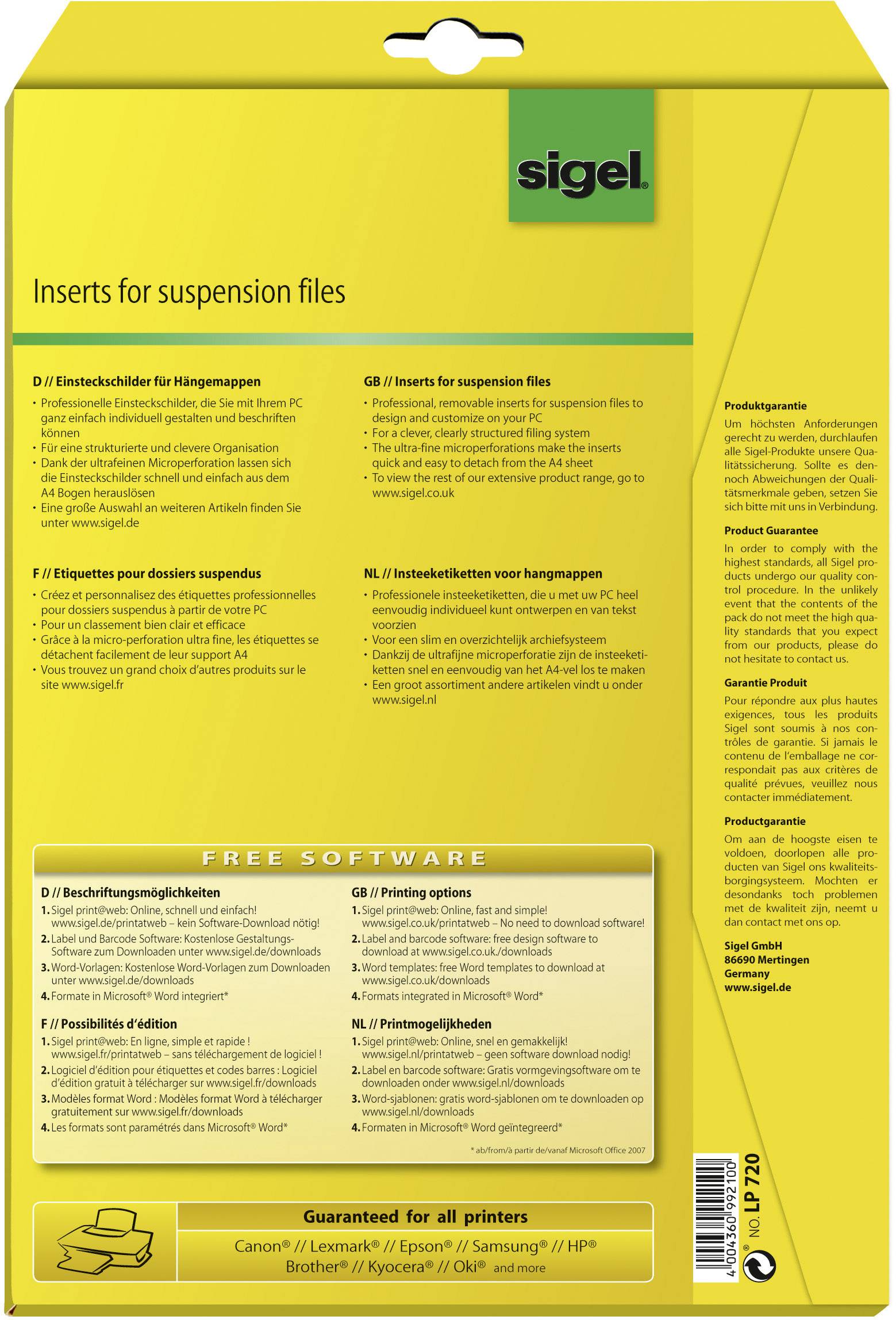 Sigel LP720 Einsteckschild Hängemappen 60cm x 21mm