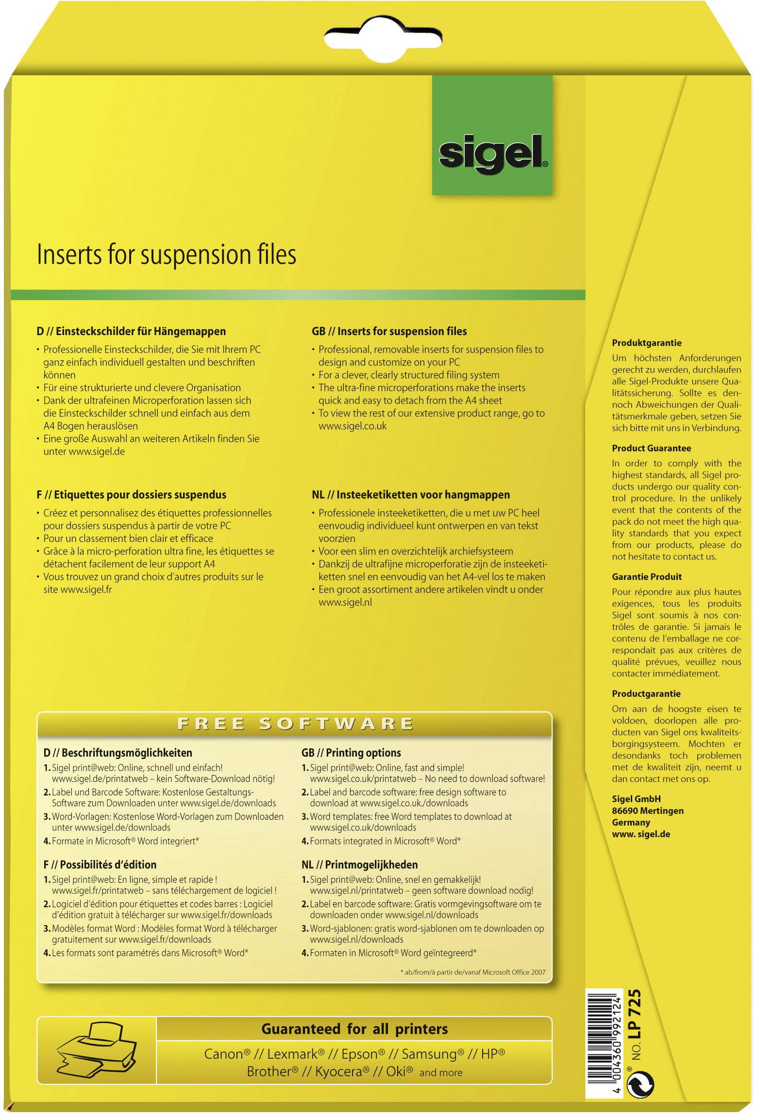 Gelbe Verpackung mit Text in mehreren Sprachen über 'Einsteckschilder für Hängemappen'. Anweisungen und Produktdetails sind sichtbar.