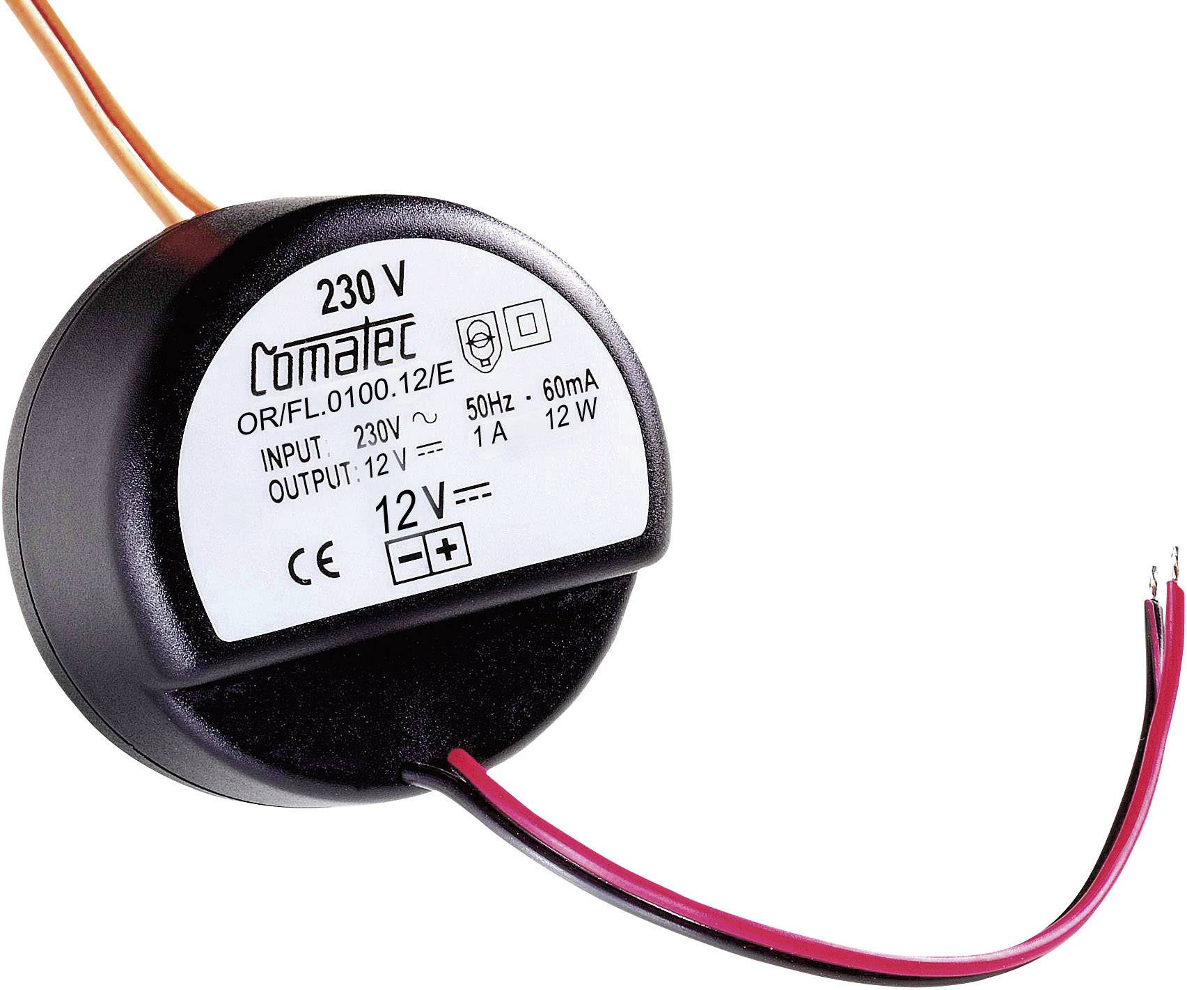 Ein schwarzer Transformator mit der Aufschrift '230 V', wandelt 230V Eingangsspannung in 12V Ausgangsspannung um. CE-Zeichen.