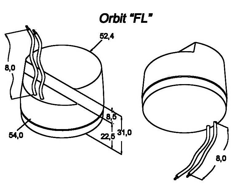 Zwei schematische Darstellungen eines runden Objekts mit Maßangaben. Links: mit diagonalen Linien, rechts: ohne Linien. Text im Bild: 'Orbit 
