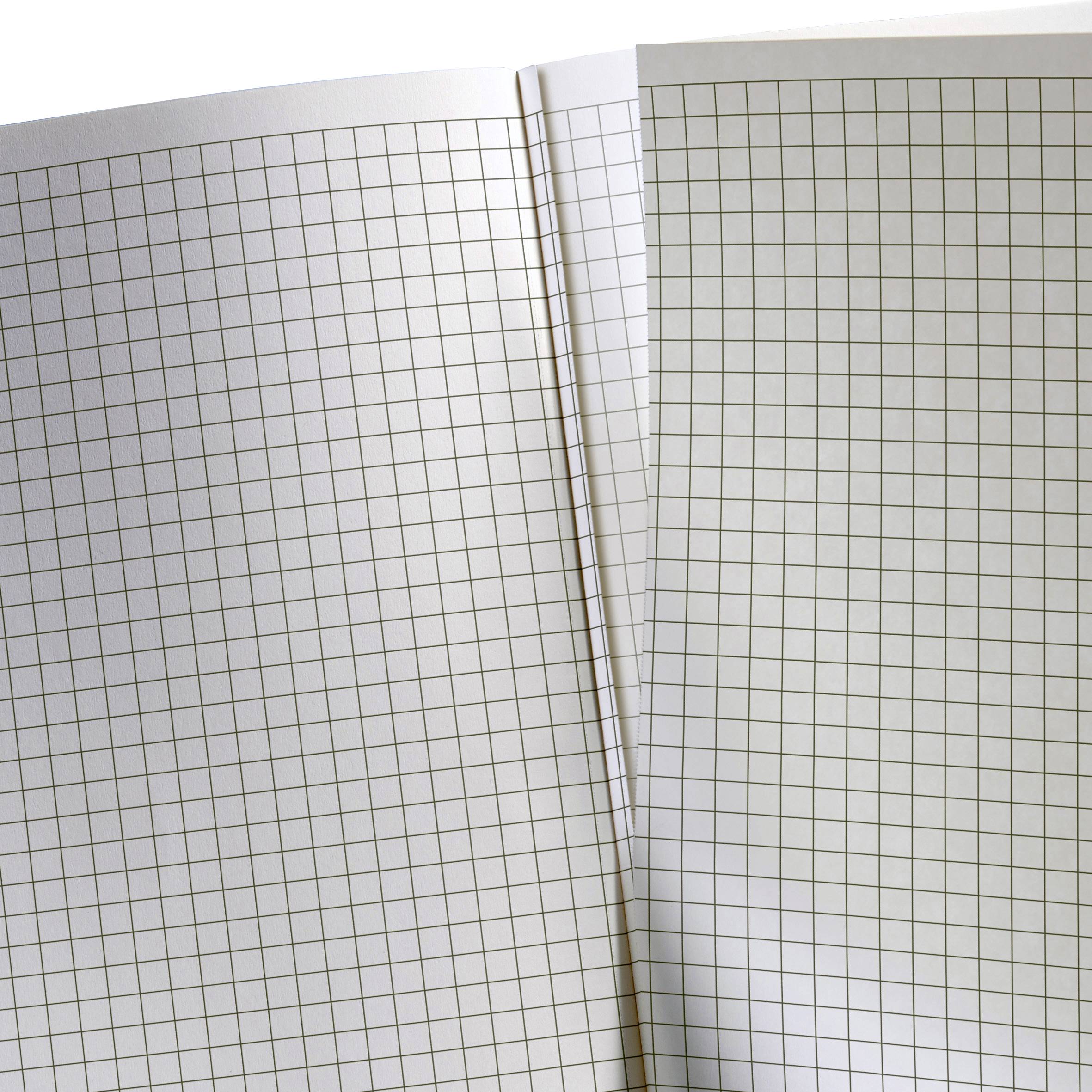 Ein aufgeschlagenes Notizbuch mit karierter Lineatur.