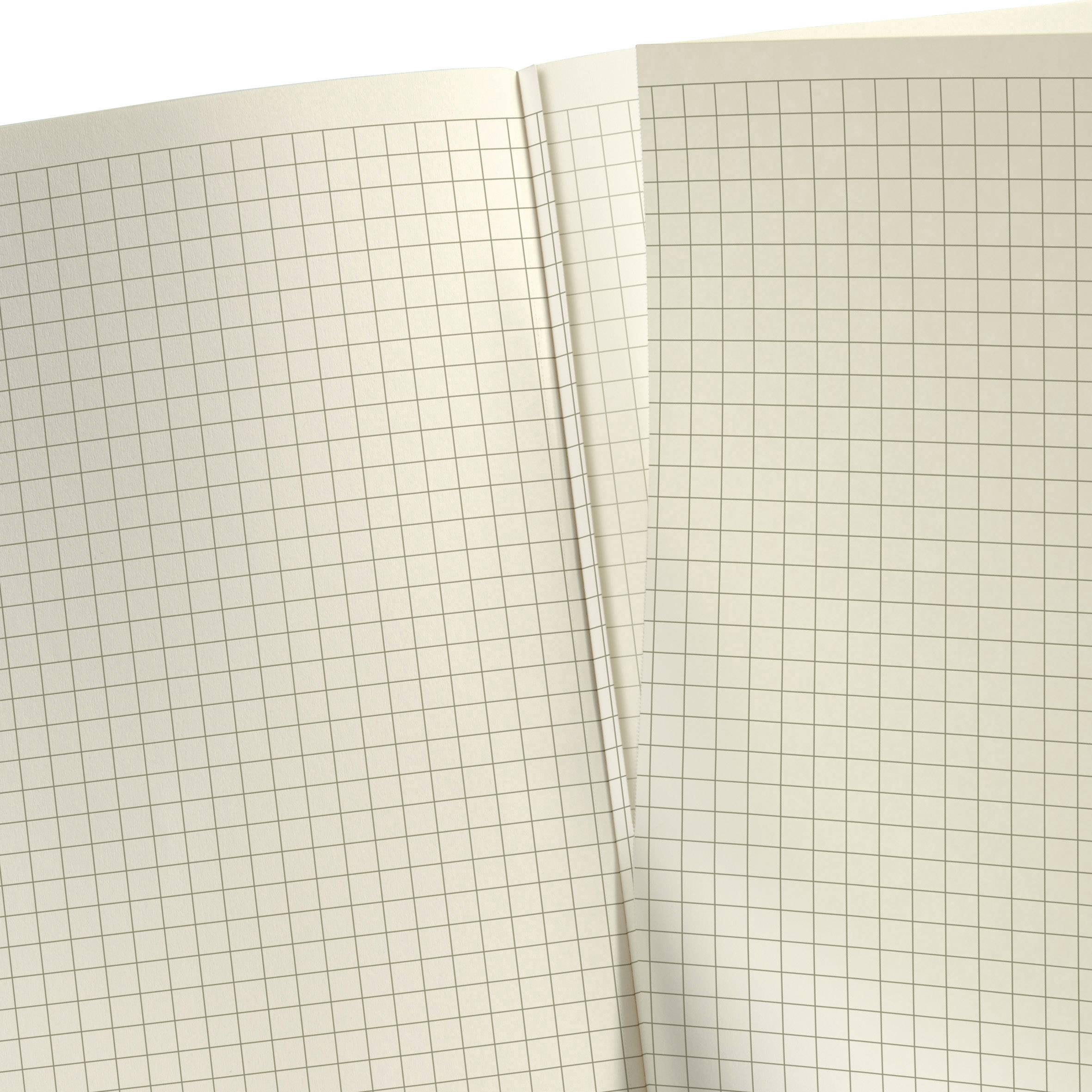 Offenes kariertes Notizbuch, rechte Seite leicht erhöht. Geeignet zum Schreiben oder Zeichnen von Tabellen und Diagrammen.