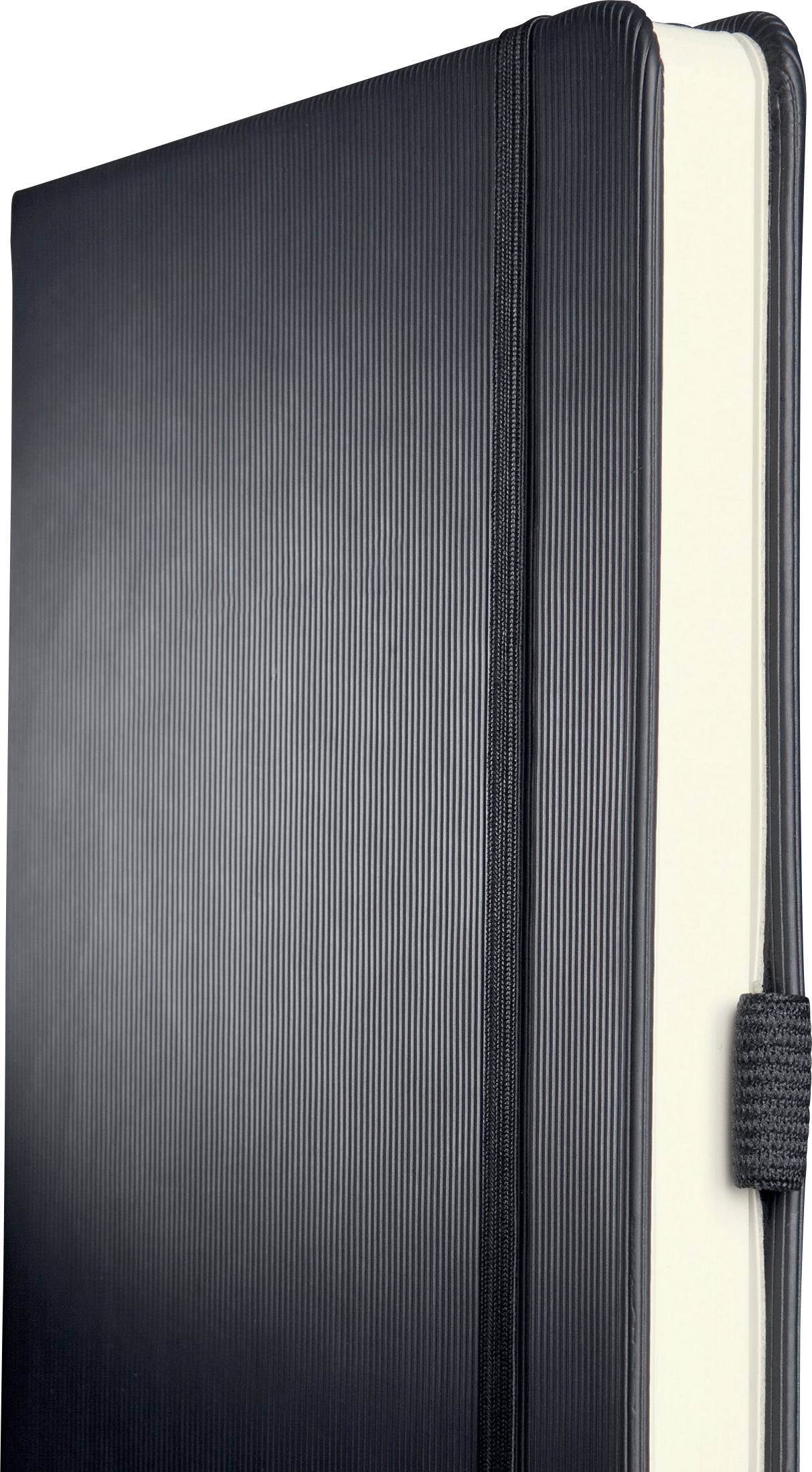 Schwarzes Notizbuch mit Hardcover und elastischem Verschlussband, leicht geöffnet, zeigt elfenbeinfarbene Seiten.