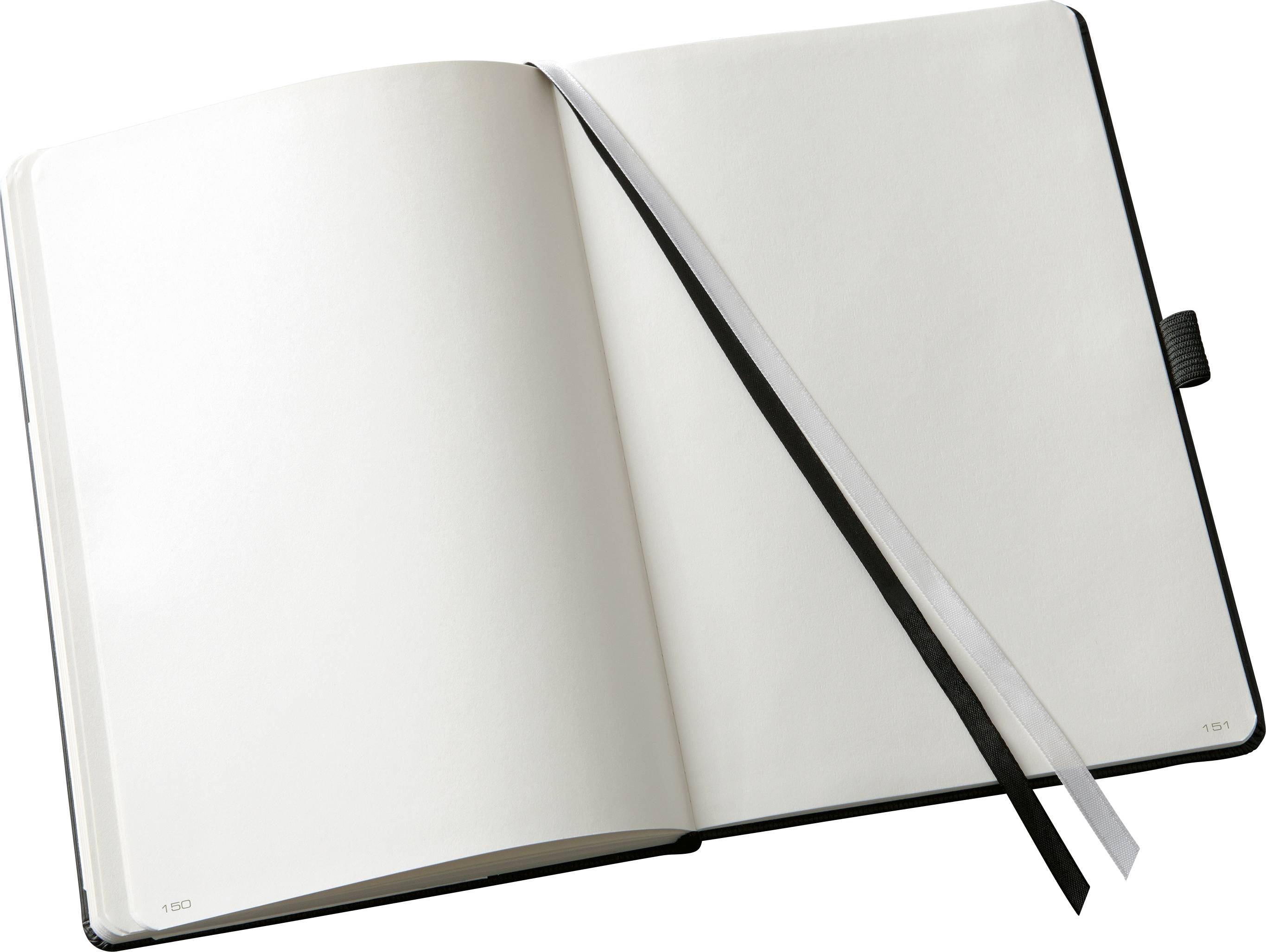 Ein offenes Notizbuch mit leeren weißen Seiten und zwei Lesezeichenbändern, eines schwarz und eines weiß.