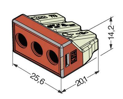 Elektrischer Steckverbinder mit drei Anschlussöffnungen, in Rot und Grau, mit gezeichneten Maßen: 25,6 mm Länge, 14,2 mm Höhe.