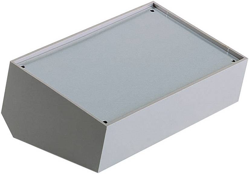 Ein einfaches, rechteckiges, abgeschrägtes Gehäuse aus Metall mit einer offenen Seite, vermutlich zur Aufnahme von elektronischen Komponenten.