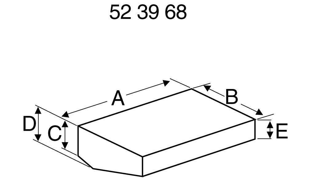 '52 39 68' zeigt eine 3D-Form mit Maßen: A, B, C, D, E umfassen die Breite, Tiefe und Höhe der Form. Pfeile zeigen Dimensionen an.