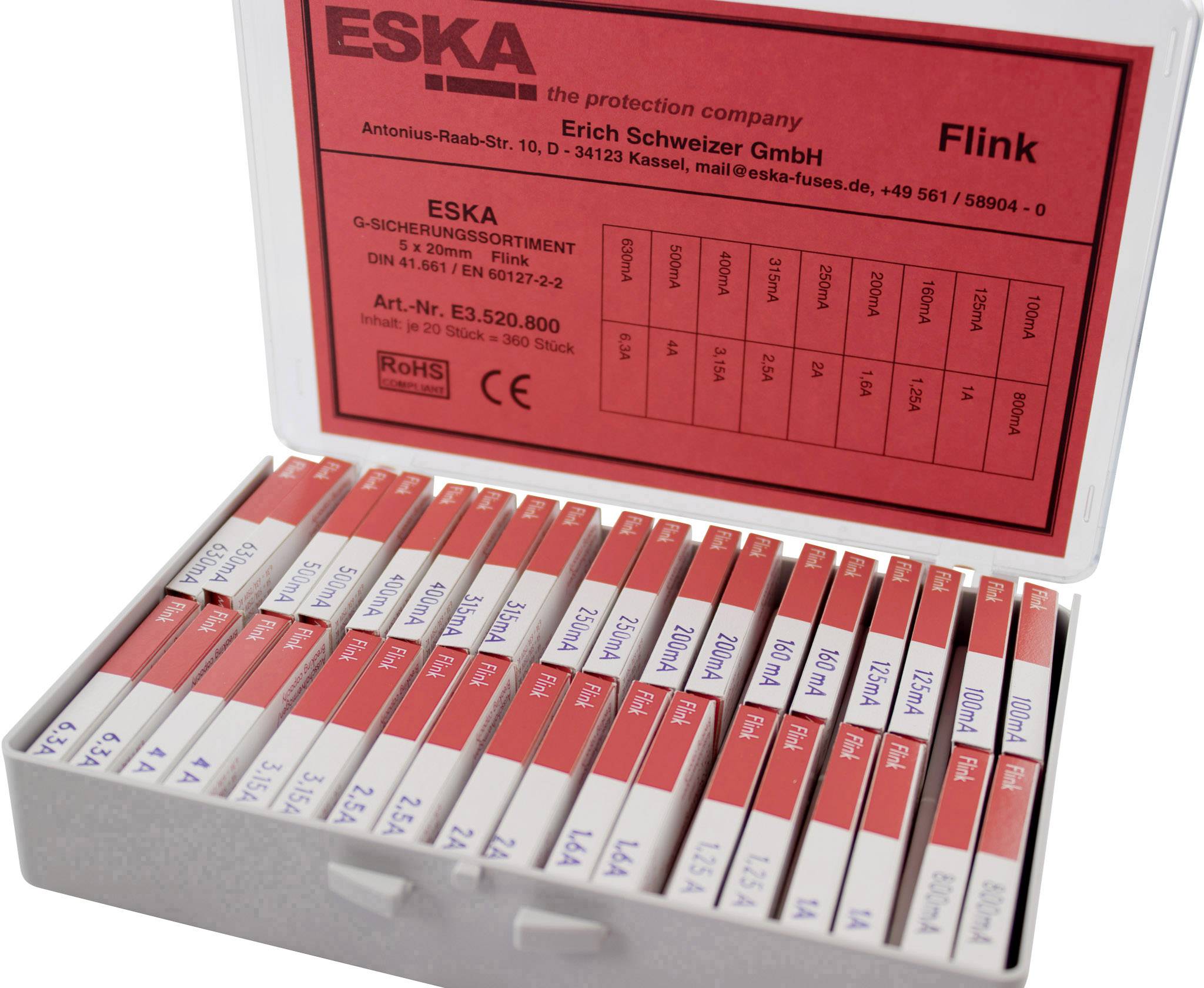 ESKA E3520800 Feinsicherung-Sortiment (Ø x L) 5mm x 20mm Flink -F- Inhalt 360 Teile
