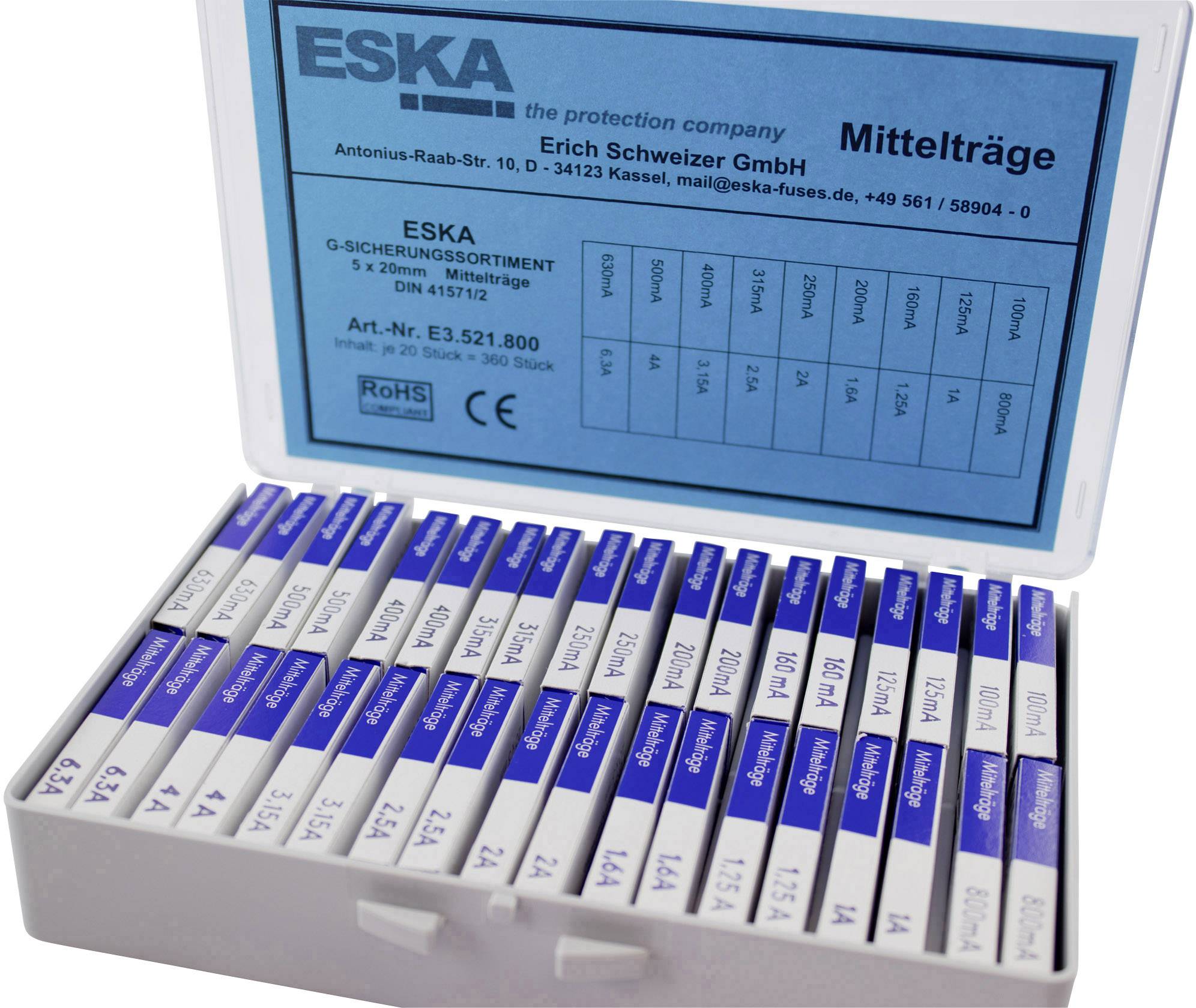 ESKA E3521800 Feinsicherung-Sortiment (Ø x L) 5 mm x 20 mm Mittelträge -mT- Inhalt 360 Teile