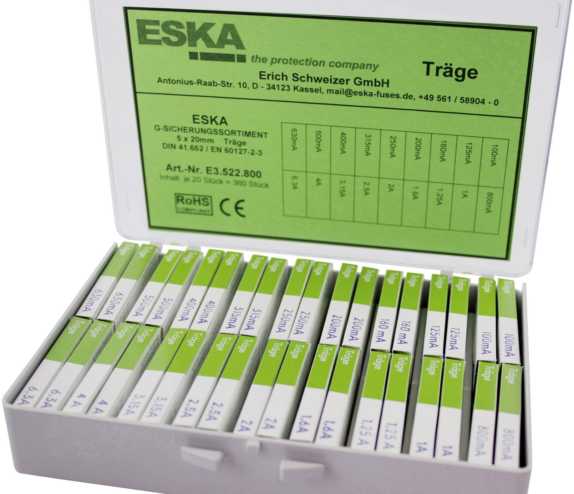 ESKA E3522800 Feinsicherung-Sortiment (Ø x L) 5 mm x 20 mm Träge -T- Inhalt 360 Teile