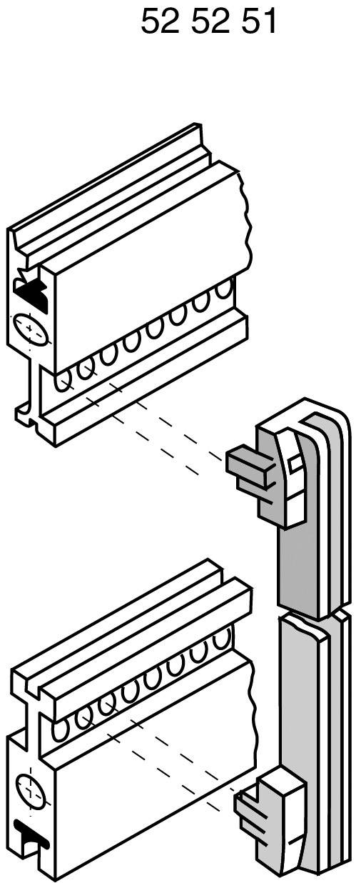 Technische Zeichnung eines Steckverbindergehäuses mit seitlicher Ansicht auf die Steckverbindungen. Oben: Gehäuse, Unten: Stecker.