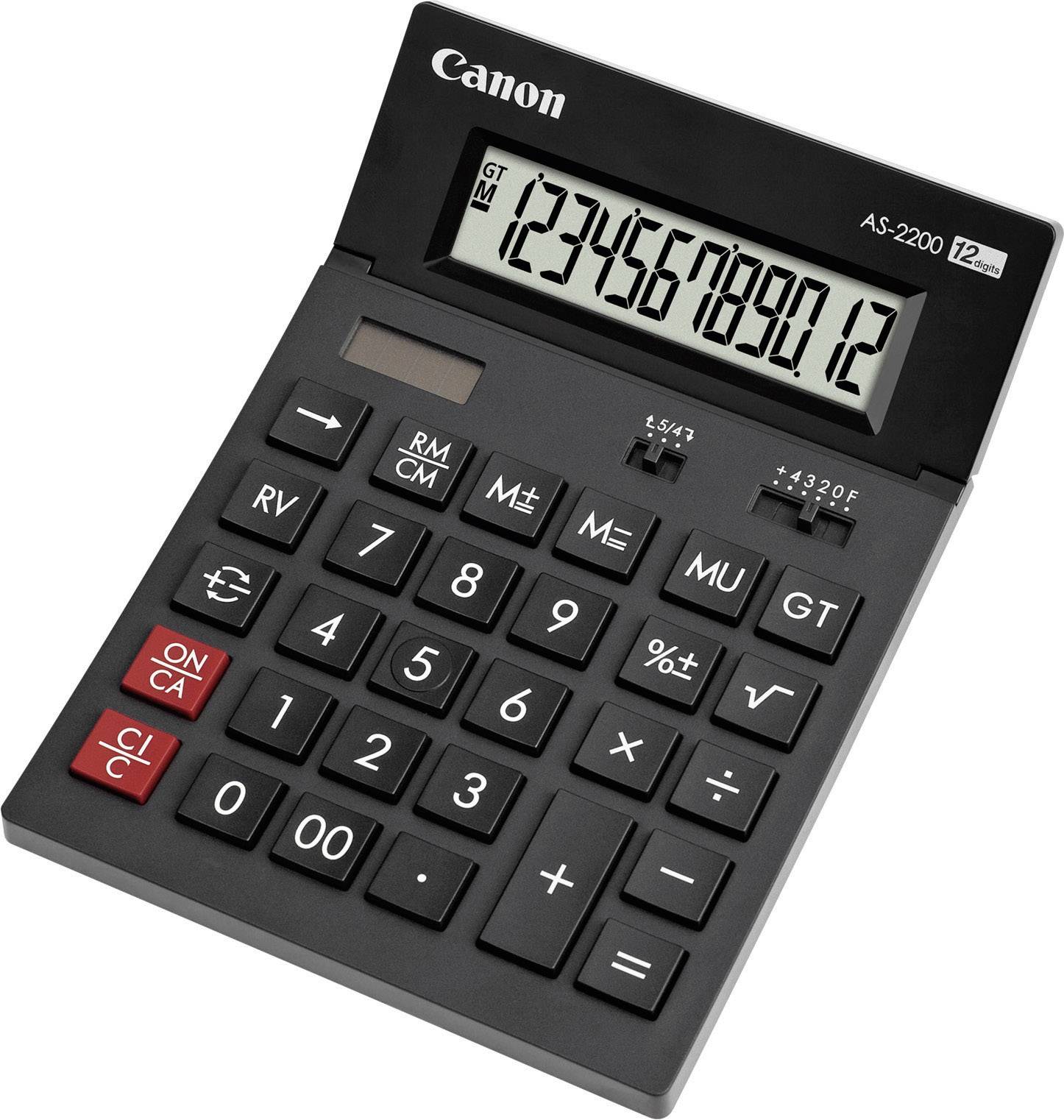 Ein schwarzer Taschenrechner mit großen Tasten zeigt die Zahlen '123456789012' auf dem Display an.