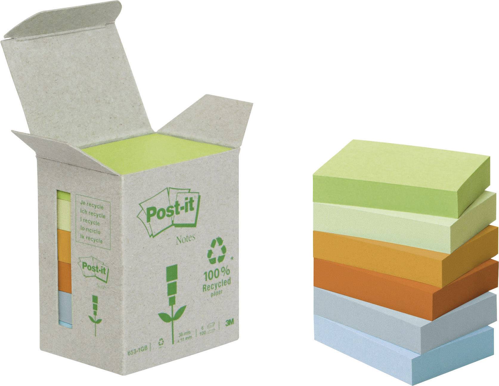 Post-it Haftnotizen Recycling/6531GB 38 x 51 mm Pastell Inh.6