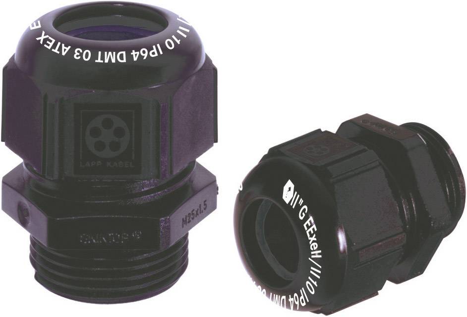 Zwei schwarze Kabelverschraubungen mit Beschriftungen für Schutzart und Größe, geeignet für ATEX-Umgebungen, vor weißem Hintergrund.