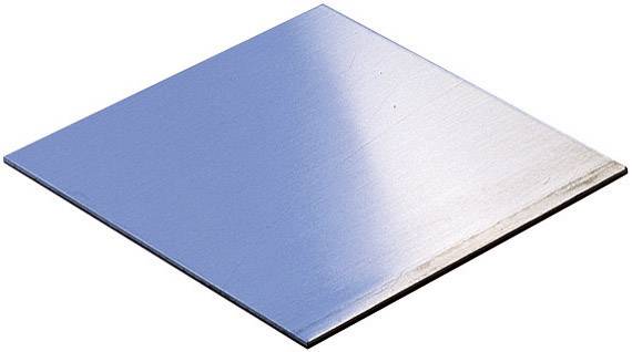 Quadratische Metallplatte mit glänzender Oberfläche, gleichmäßig beleuchtet, vor neutralem Hintergrund.