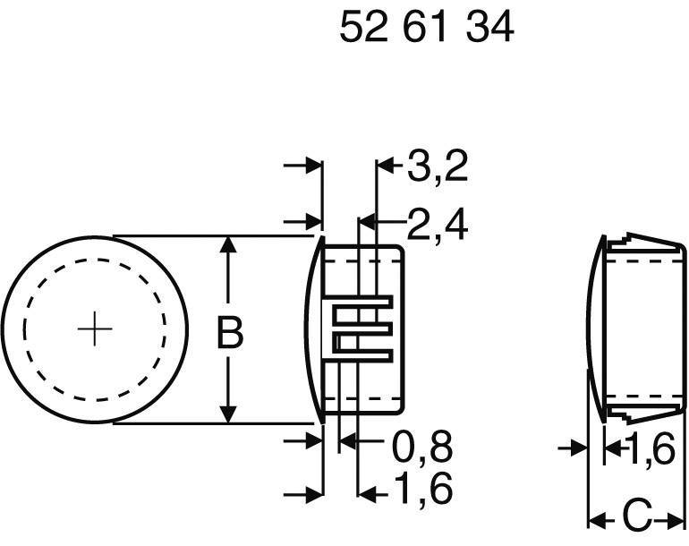 Technische Zeichnung eines zylindrischen Objekts mit Maßen: Länge 3,2 mm, Breite 2,4 mm, Gesamthöhe 1,6 mm, Durchmesser unbekannt.