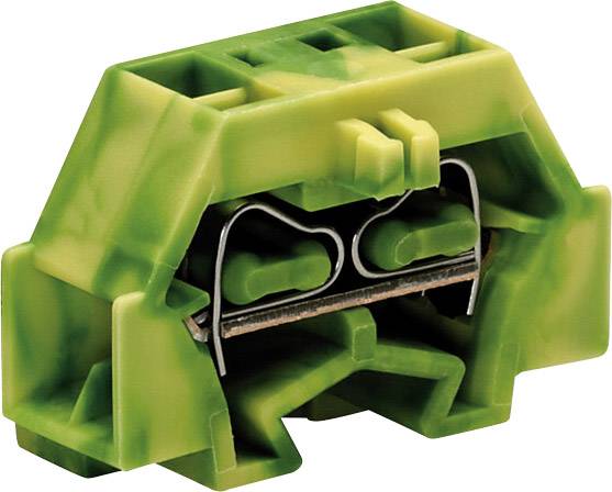 Grün-gelbes Klemmsystem für elektrische Verbindungen, mit zwei Drähten im Inneren.