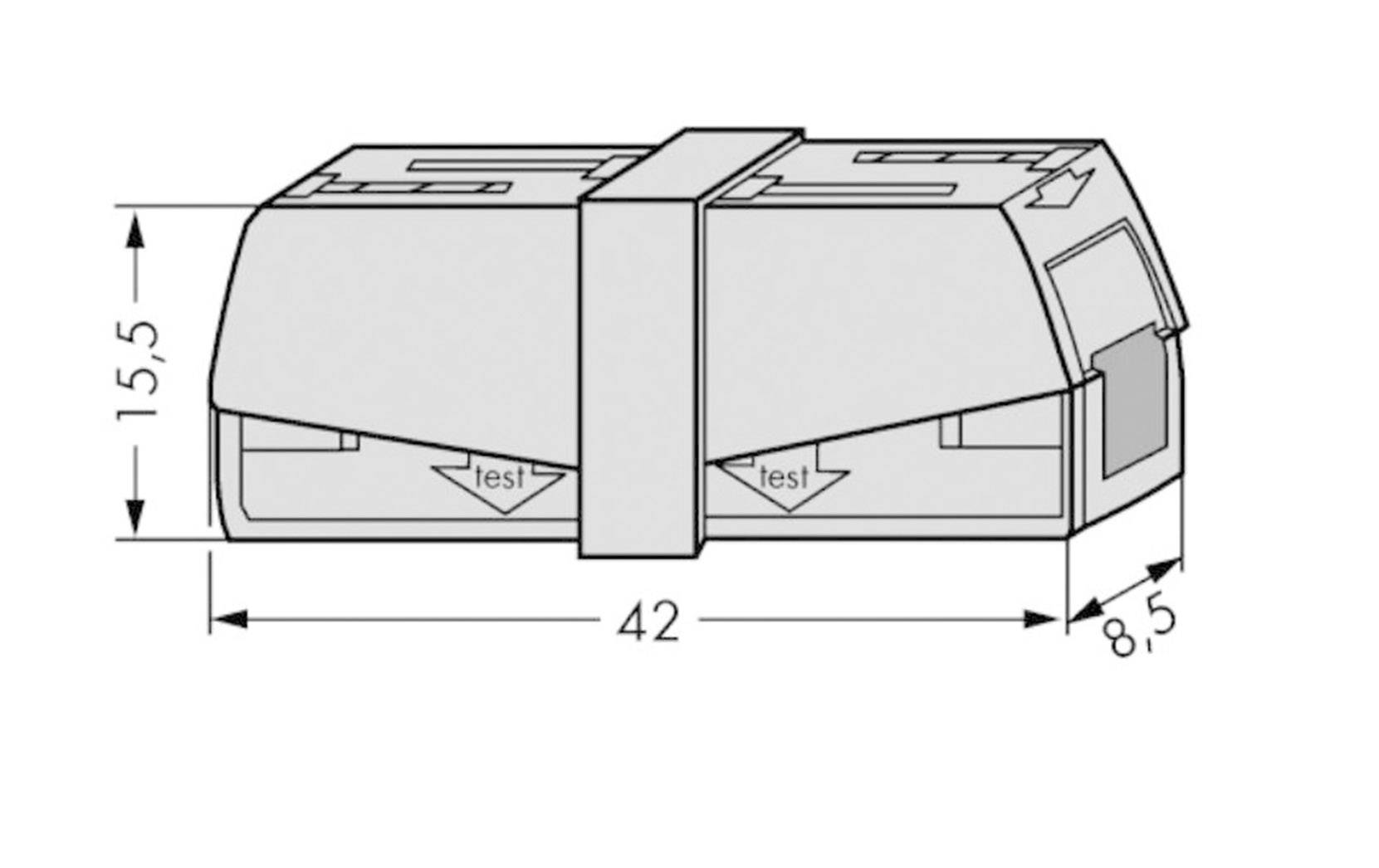 Technische Zeichnung eines rechteckigen Bauteils mit den Maßen 15,5 x 42 x 8,5 mm. 'Test' steht auf zwei inneren Pfeilen.