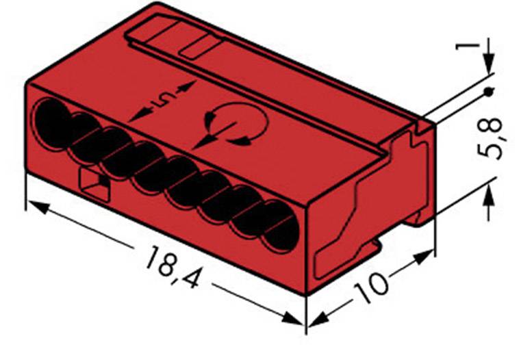Rote Steckklemme mit sechs Anschlusslöchern, Abmessungen: Breite 18,4 mm, Tiefe 10 mm, Höhe 5,8 mm. Drehsymbol zeigt Richtungsanweisung.